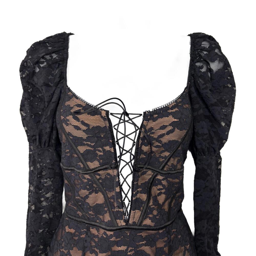 For Love & Lemons Women's Sz S Black Lace Violetta Tie-up Slip Mini Dress( 1945) - Picture 4 of 9